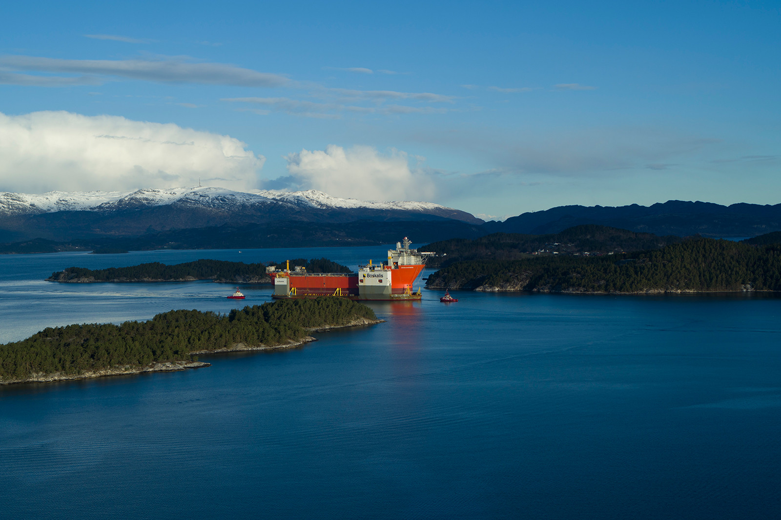 The BOKA Vanguard arriving in a fjord near the village of Stord in Norway