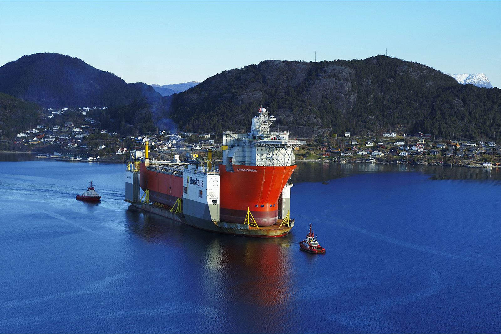 The BOKA Vanguard arriving in a fjord near the village of Stord in Norway