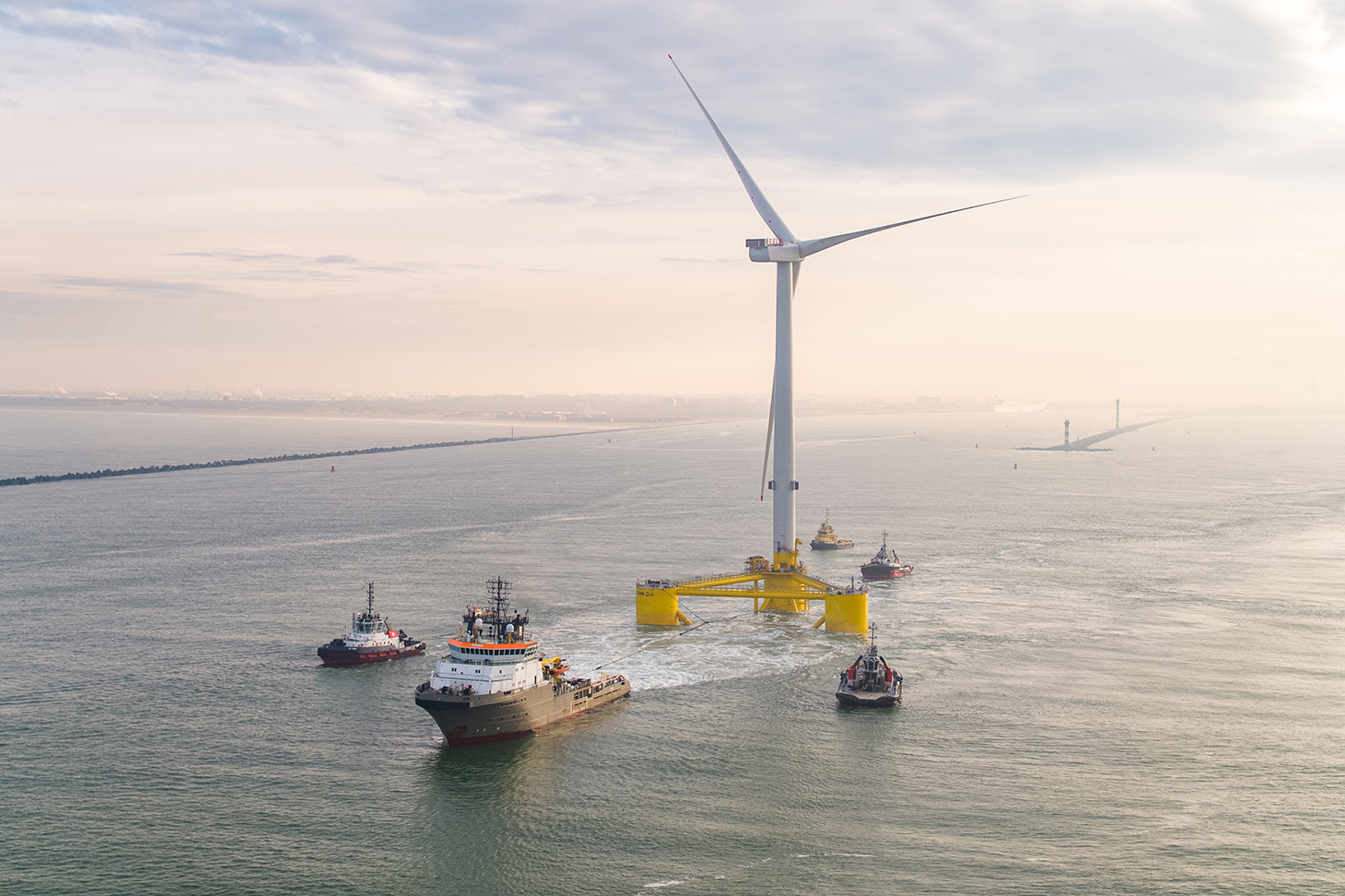 Transport of one of the floating wind turbines to the Kincardine offshore floating wind farm