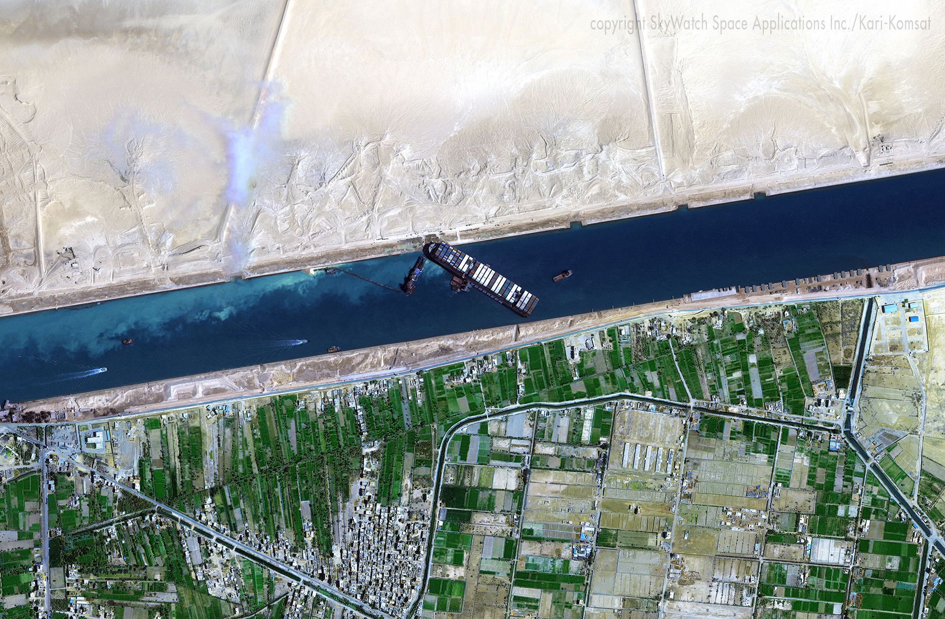 Satellite image of the Ever Given wedged in the banks of the Suez Canal – copyright SkyWatch Space Applications Inc./Kari-Komsat