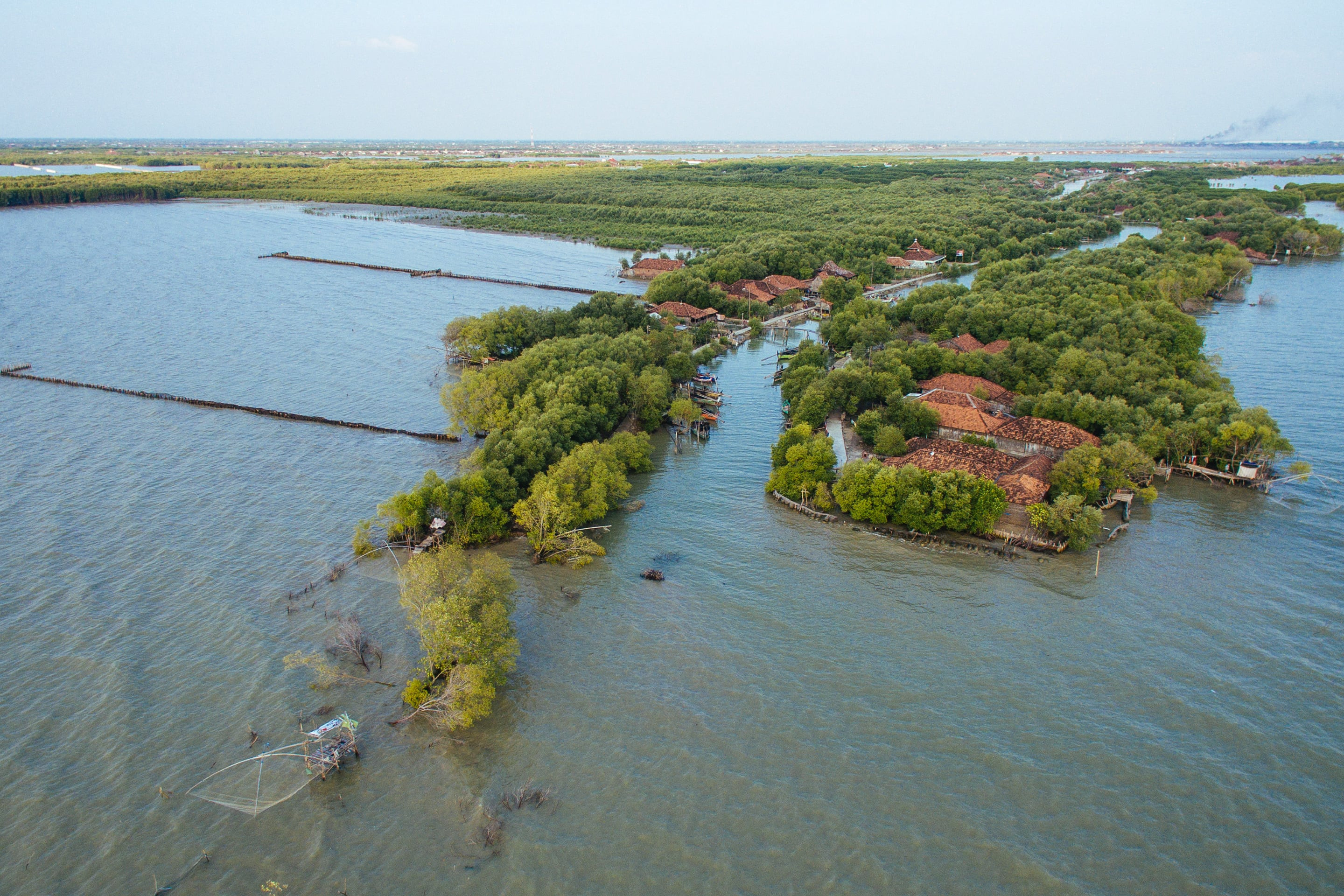 Aerial view of Bedono village with two of the permeable dams