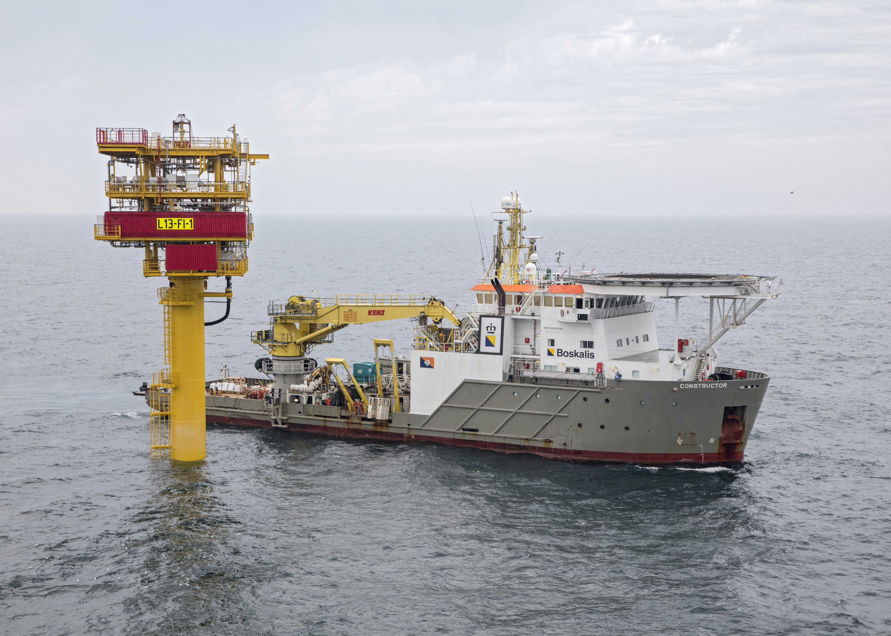 Boskalis DSV Constructor executing subsea installation works with divers at a platform in the North Sea