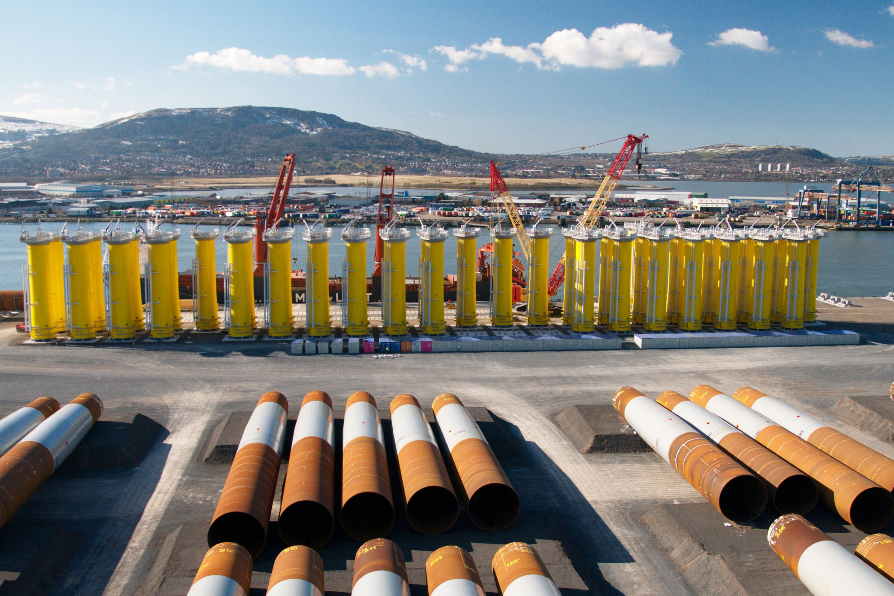 <p>Belfast. The first fourty monopiles and transition pieces ready for transportation to their final
destination</p>